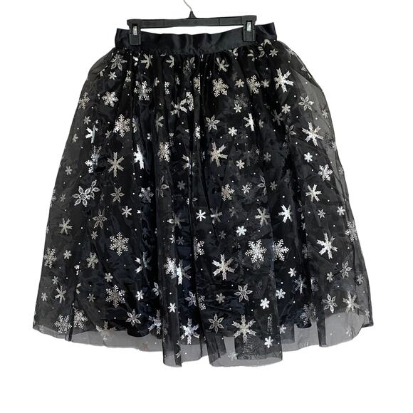 Unique Vintage BlackTulle Skirt with Snowflakes Silver Print - Size Large 10/12 - Picture 4 of 7